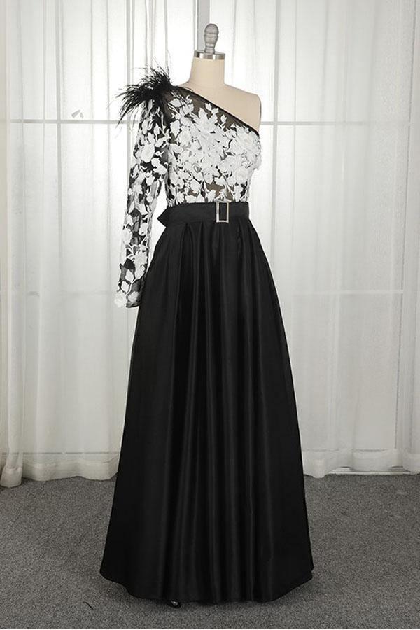 One Shoulder Black Long Prom Dress with Pockets Feathers PSK039-Pgmdress