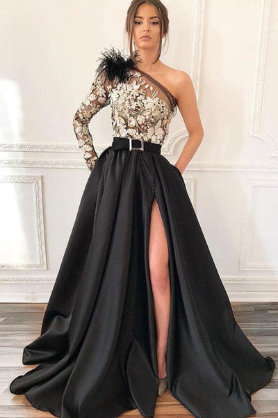 One Shoulder Black Long Prom Dress with Pockets Feathers PSK039 US2 / Black One Shoulder Black Long Prom Dress with Pockets Feathers PSK039 US2 / Black