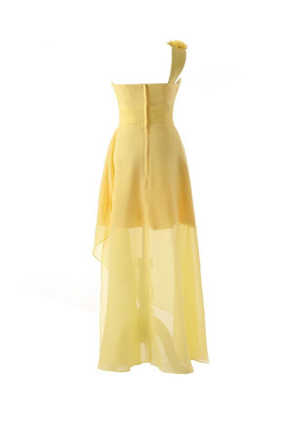 One Shoulder Floor Length Chiffon Yellow Bridesmaid Dress With Flower BD015 - Pgmdress