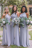 One-Shoulder Floor-Length Open Back Gray Chiffon Bridesmaid Dress BD037