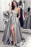 One Shoulder Long Sleeves Grey Satin Split  Prom Dresses with Pockets PG752