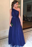 One Shoulder Royal Blue Tulle Long Prom Dress Simple Evening Dress  PG846