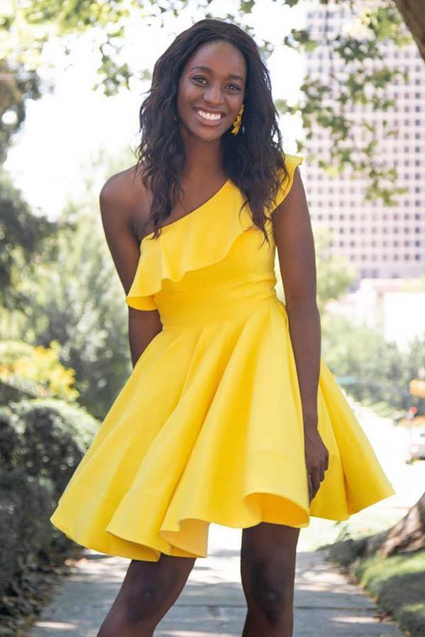 One Shoulder Ruffled Short Prom Dress Yellow Homecoming