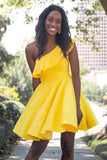One Shoulder Ruffled Short Prom Dress Yellow Homecoming Dress  PD342