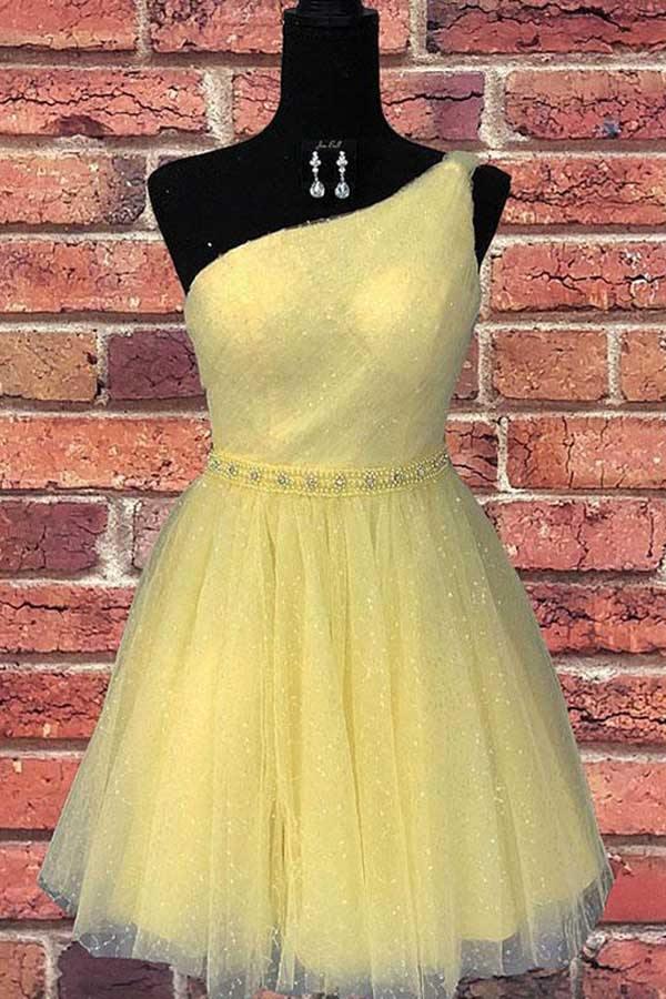 One Shoulder Yellow Chic Tulle Homecoming Dress Cute Graduation Dress PD374 - Pgmdress