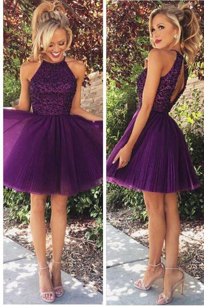 Open Back Halter Purple Beaded Homecoming Cocktail Dresses US8 / Hunter Green Open Back Halter Purple Beaded Homecoming Cocktail Dresses US8 / Hunter Green