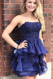 Organza A-line Strapless Short Prom Dress Navy Blue Homecoming Dress    PD393