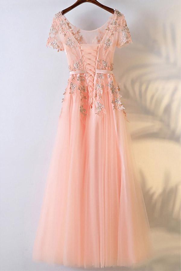 Peachy Pink Round Neck Long Prom Dress With Short Sleeves PG600 - Pgmdress
