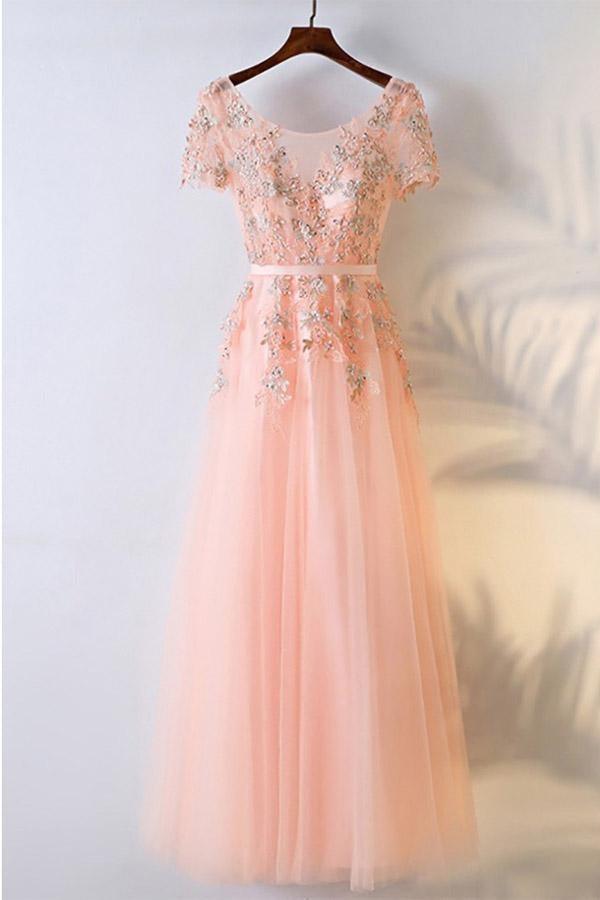 Peachy Pink Round Neck Long Prom Dress With Short Sleeves PG600 - Pgmdress