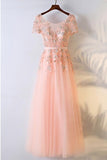 Peachy Pink Round Neck Long Prom Dress With Short Sleeves PG600