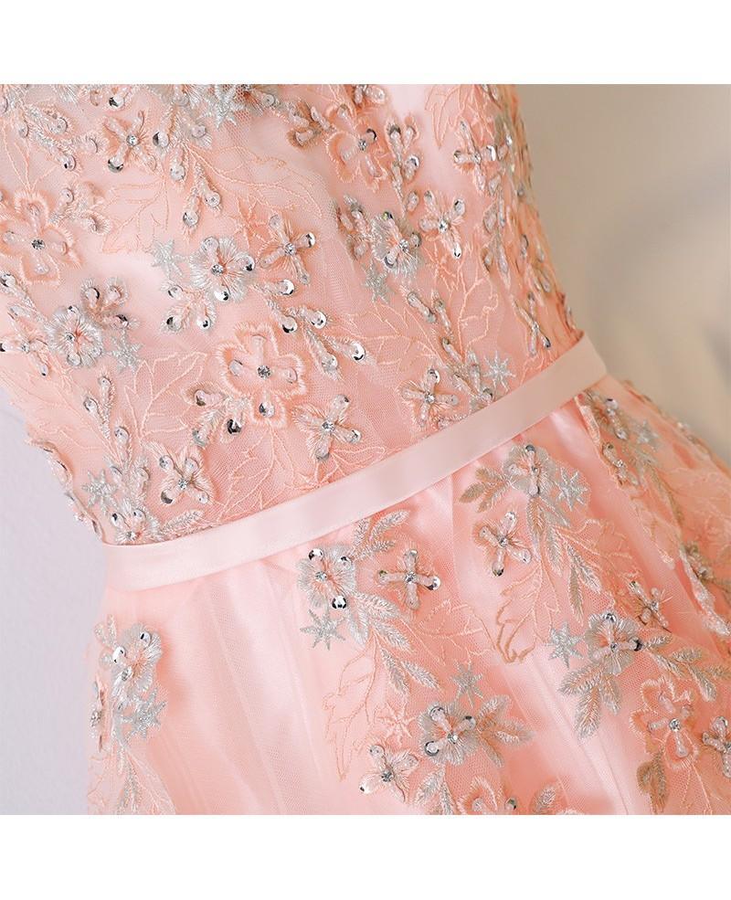 Peachy Pink Round Neck Long Prom Dress With Short Sleeves US10 / Custom Color Peachy Pink Round Neck Long Prom Dress With Short Sleeves US10 / Custom Color