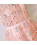 Peachy Pink Round Neck Long Prom Dress With Short Sleeves PG600 - Pgmdress