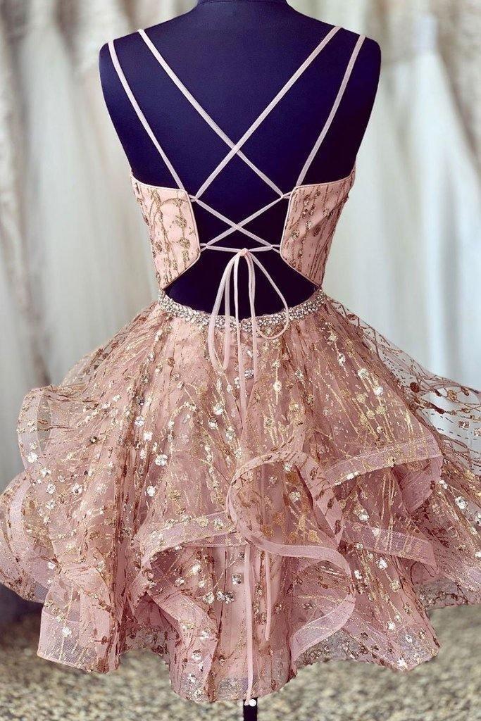Pink Deep V-Neck Homecoming Dress Sequined Short Prom Dress PD426 - Pgmdress