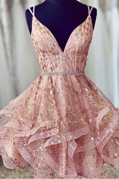 rose gold homecoming dress short Pink Deep V-Neck Sequined Prom Dress US4 / Custom Color ess
