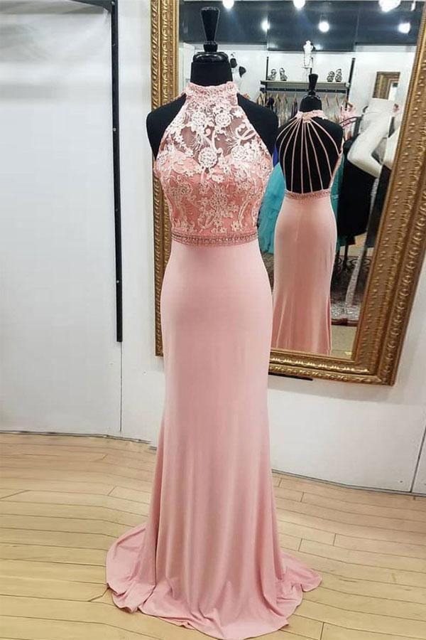 Pink Lace High neck Open Back Long Mermaid Prom Dress PSK018 - Pgmdress