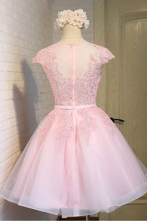 pgmdress Pink Lace Short Tulle Homecoming Dress Party Dress with Cap Sleeves Custom Size / Custom Color