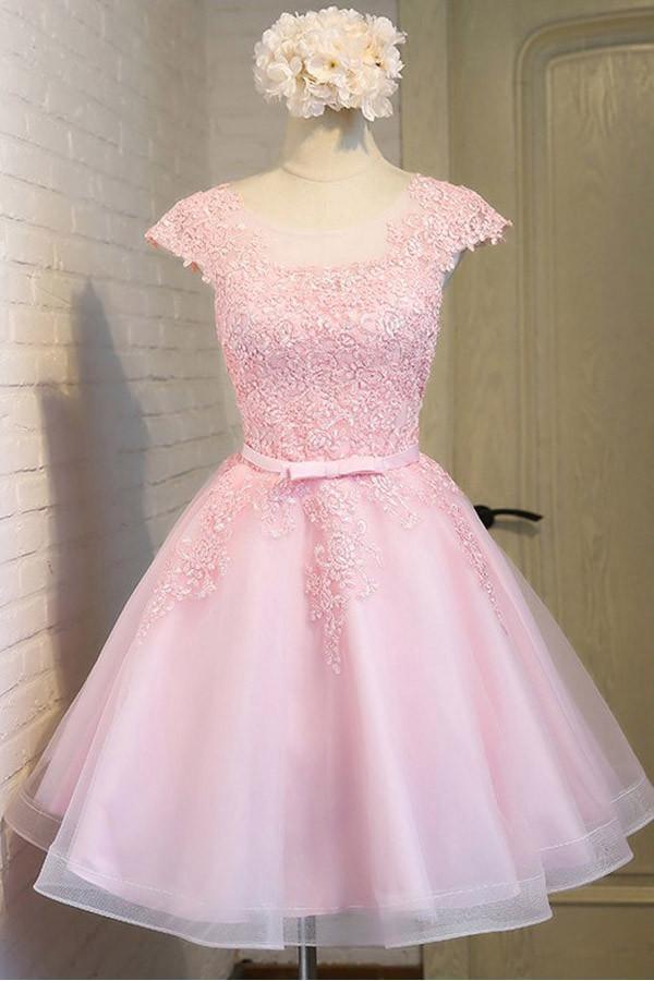 Pink Lace Short Tulle Homecoming Dresses Party Dresses with Cap Sleeves PG138 - Pgmdress