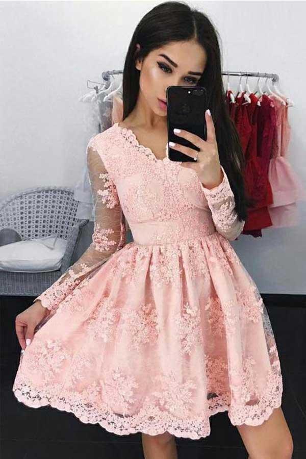 Pink Long Sleeves Lace Short Homecoming/Party Dresses PD103 - Pgmdress