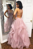 Pink Ruffled Tulle Long Prom/Evening Dress with Criss Cross Back PG823 - Pgmdress