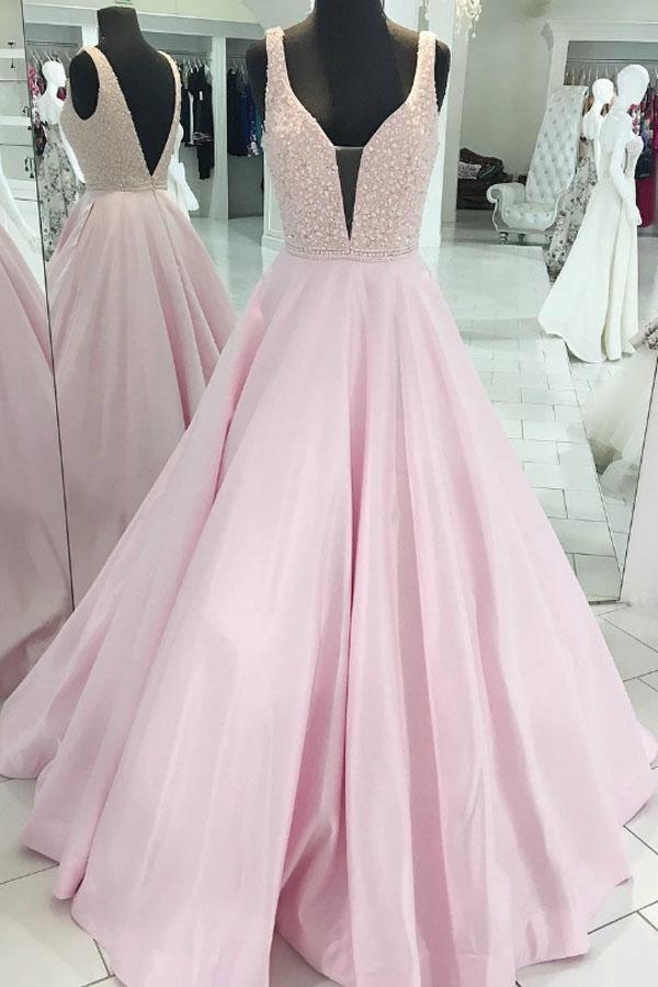 Pink Satin Deep V-Neck Sleeveless Open Back Long Prom Dress PG918 - Pgmdress