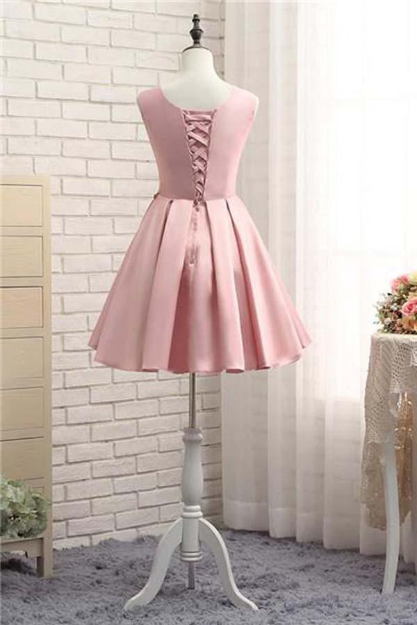 Pink Short Prom Dress Satin Homecoming Dress with Gold Applique PD116 - Pgmdress