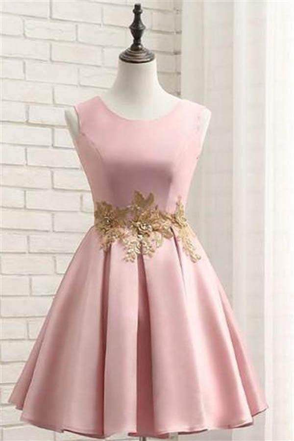 Pink Short Prom Dress Satin Homecoming Dress with Gold Applique PD116 - Pgmdress