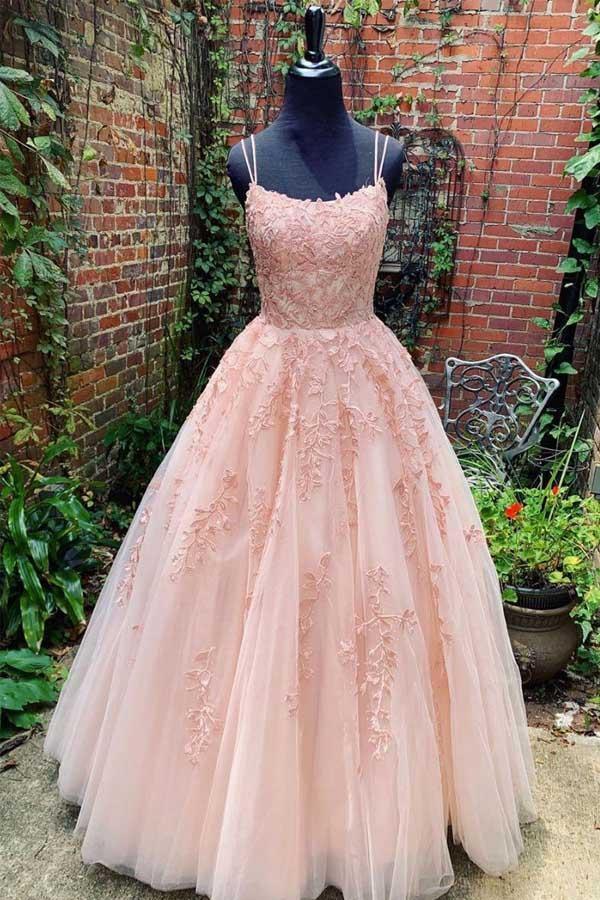 Pink Tulle Lace Long Prom Dress Scoop Spaghetti Formal Evening Gowns PSK014 - Pgmdress