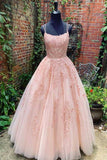 Pink Tulle Lace Long Prom Dress Scoop Spaghetti Formal Evening Gowns PSK014 - Pgmdress