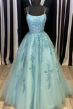 Tulle Lace Long Prom Dress Scoop Spaghetti Formal Evening Gowns   PSK014