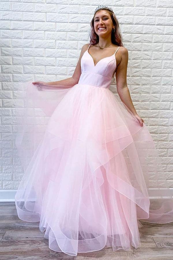Pink Tulle Ruffles Spaghetti Straps Simple Long Prom/Formal Dress PSK093 - Pgmdress