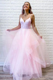 Pink Tulle Ruffles Spaghetti Straps Simple Long Prom/Formal Dress  PSK093
