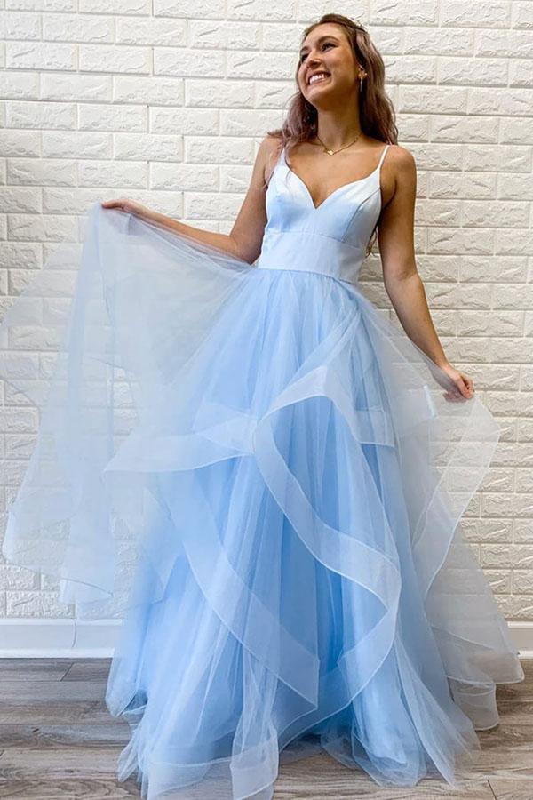 Strapless Blue High Low Tulle Prom Dresses, Blue Tulle High Low