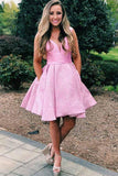 Pink V-Neck Pleated Satin Short Homecoming Dress With Pockets PD278 - Pgmdress