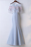 Hübsches himmelblaues langes Abendkleid im Meerjungfrau-Stil mit Spitzenblumen PG622 