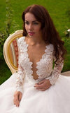 Princess A-Line V-Neck Tulle Ivory Long Sleeves Wedding Dresses WD181 - Pgmdress