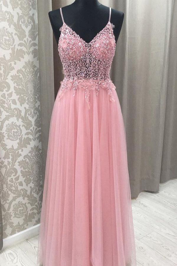 Princess Pink Beaded Tulle Long Prom Dress with Open Back PSK085 - Pgmdress