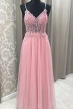 Langes Ballkleid aus rosafarbenem, perlenbesetztem Tüll im Prinzessin-Stil mit offenem Rücken PSK085