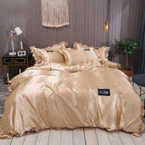 Pure Satin Silk Bedding Set Lace Luxury Duvet Cover Set Single Double Queen King Size Couple Quilt Covers White Gray Red - Pgmdress