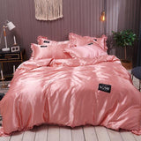 Pure Satin Silk Bedding Set Lace Luxury Duvet Cover Set Single Double Queen King Size Couple Quilt Covers White Gray Red - Pgmdress