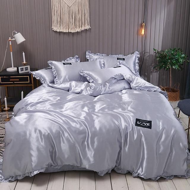 Pure Satin Silk Bedding Set Lace Luxury Duvet Cover Set Single Double Queen King Size Couple Quilt Covers White Gray Red - Pgmdress