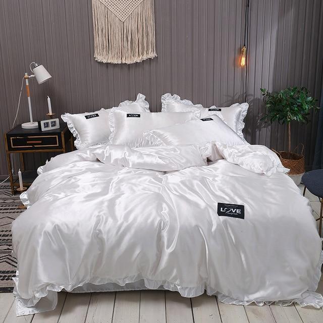 Pure Satin Silk Bedding Set Lace Luxury Duvet Cover Set Single Double Queen King Size Couple Quilt Covers White Gray Red - Pgmdress