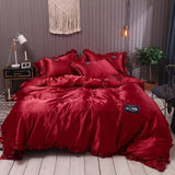 Pure Satin Silk Bedding Set Lace Luxury Duvet Cover Set Single Double Queen King Size Couple Quilt Covers White Gray Red - Pgmdress