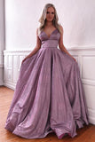 Robe de soirée de bal sans manches à bretelles spaghetti violettes avec poches PSK042