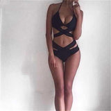 Push-Up Black Bandage Design Halter Bikini Swimsuit