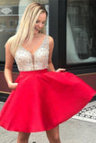 Red Beaded Satin Homecoming Dresses with Pocket Short Prom Dresses  PD290