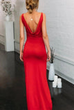 Red Elastic Satin V-neck Spaghetti Straps High Split Mermaid Prom Dress PSK171 - Pgmdress