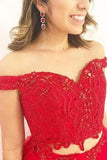 Red Off Shoulder Lace Two Pieces A line Prom/Evening Dresses PG558 - Pgmdress