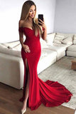 Red Off the Shoulder Split Mermaid Prom Dress Long Formal Dresses PM224
