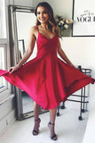 Red Satin Spaghetti Straps Crossed Back Knee Length Homecoming Dress  PD307