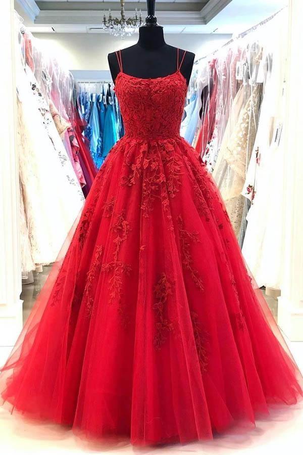 Red Spaghetti Straps Tulle Lace Appliques Evening Dress Long Prom Dress PSK048 - Pgmdress